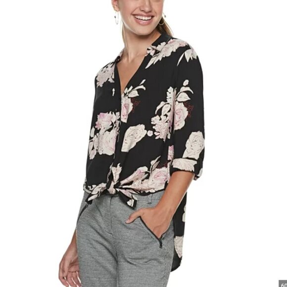 Candie's Tops - Candie’s Button Down Tie Front Top Black Floral
